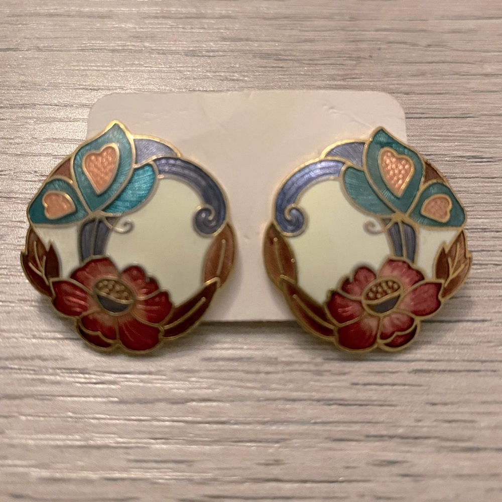 Vintage Enamel Butterfly Flower Earrings
